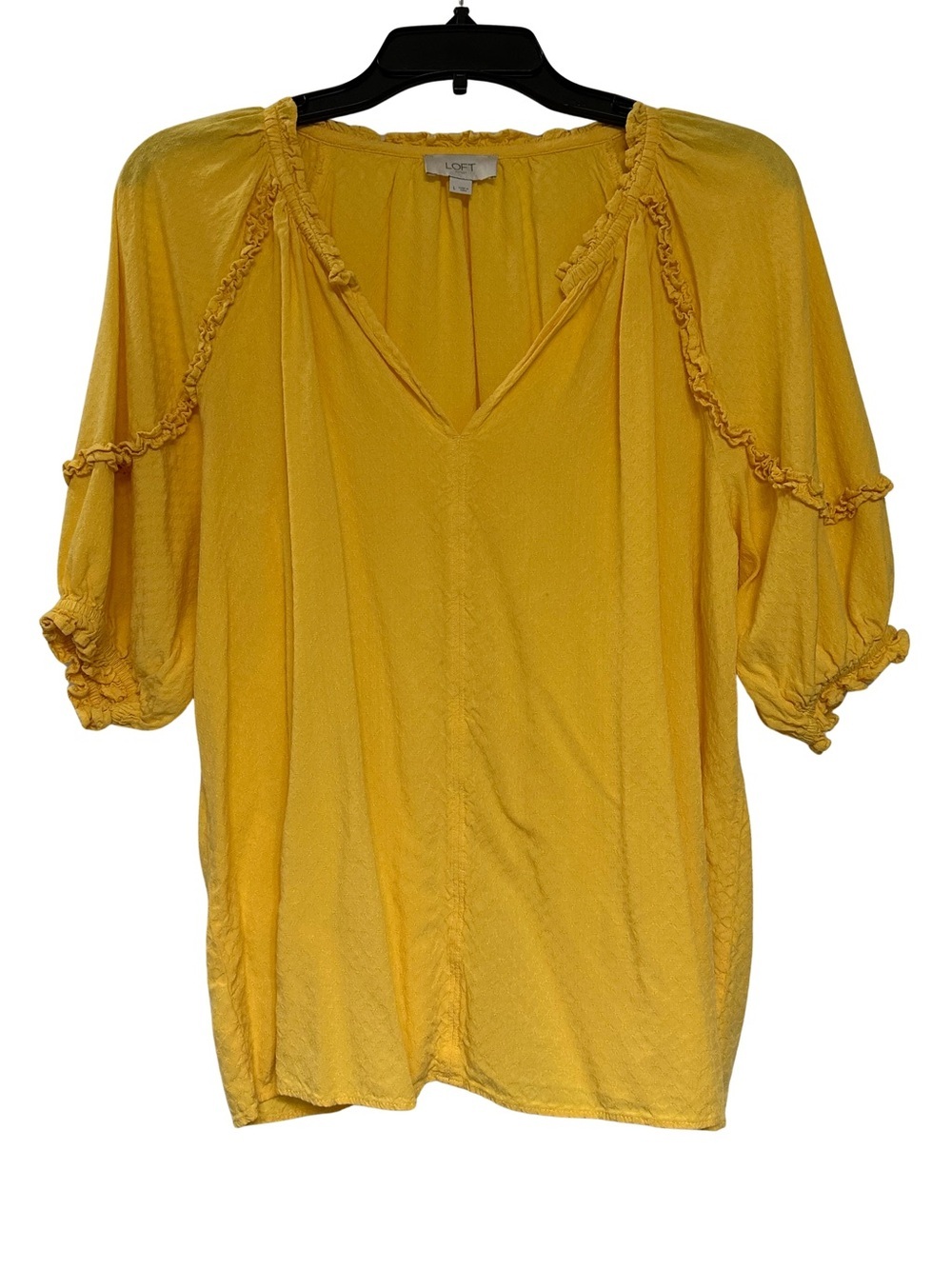 LOFT Outlet Mustard Yellow Ruffle Trim V-Neck Blouse Sz L Puff Sleeve 100% Rayon